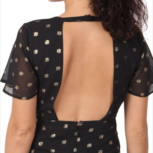 Backless Drop Waist Polka Dot Gold Little Black Dress Cocktail Party - Picture 2 of 7